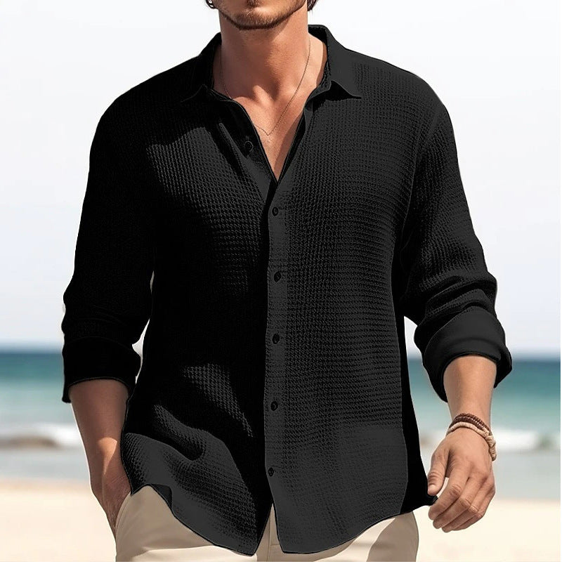 Men's Lapel Long Sleeve Shirt Solid Single Breasted Tops Fall Spring Clothing