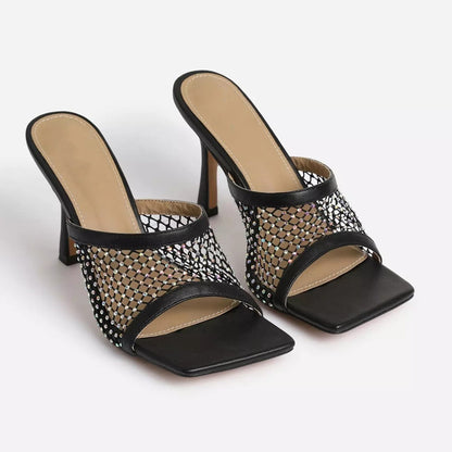 Lazada Square Head Mesh High Heels Sandals