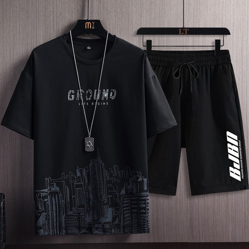 Men's Fashion Printed Short-sleeved T-shirt and Shorts Sports Two-piece Set