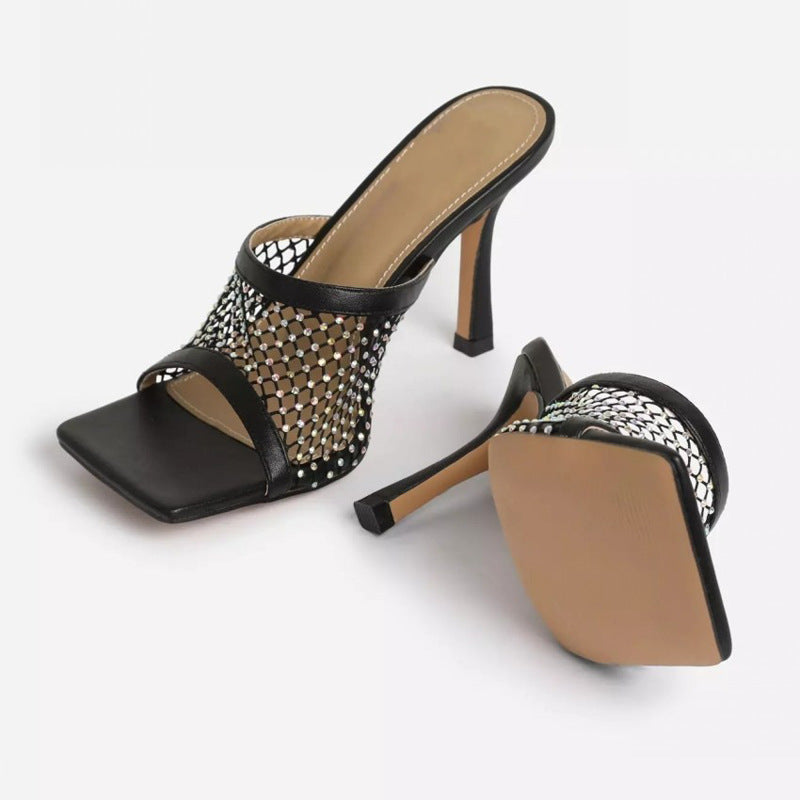 Lazada Square Head Mesh High Heels Sandals