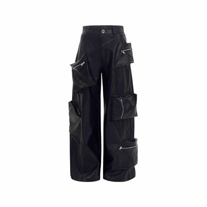 Multi-pocket Heavy Black Leather Pants