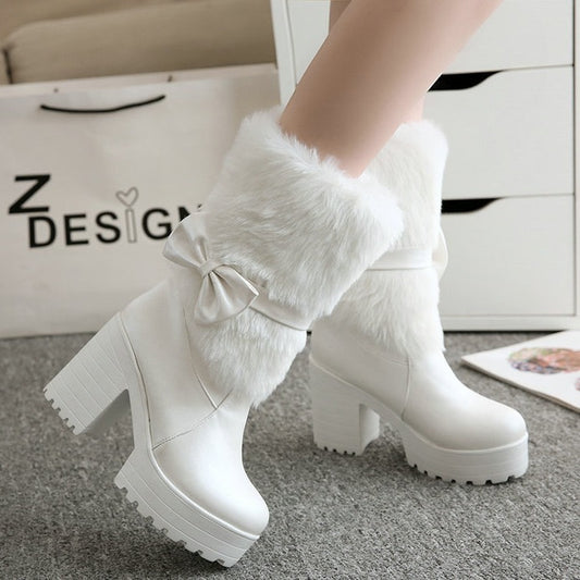 Women's Thick Heel Snow Bow Boots