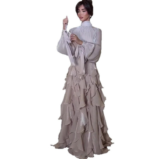 Elegant Pleated Ruffled Slim Fit Dress