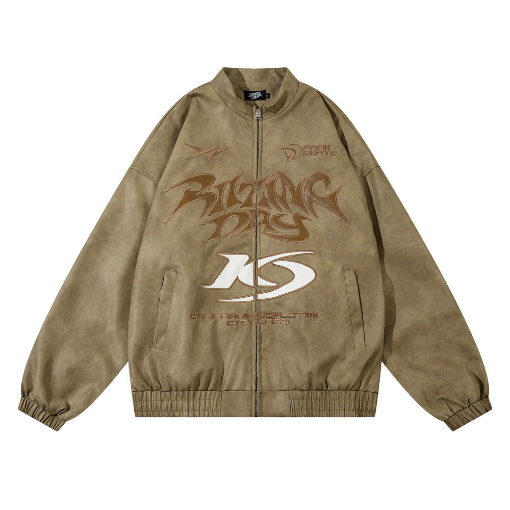 Men's Gothic Letter Affixed Embroidered Leather Jacket