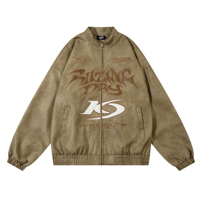 Men's Gothic Letter Affixed Embroidered Leather Jacket