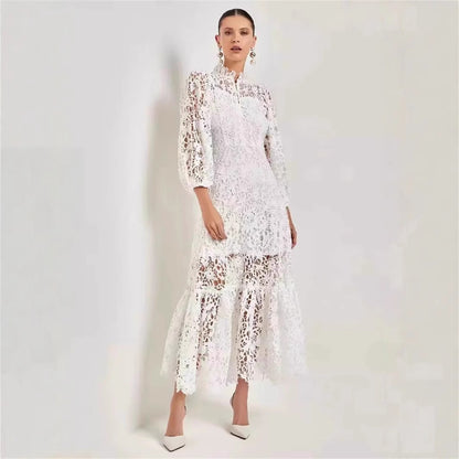 Women's Elegant Hollow Lace Long Dress