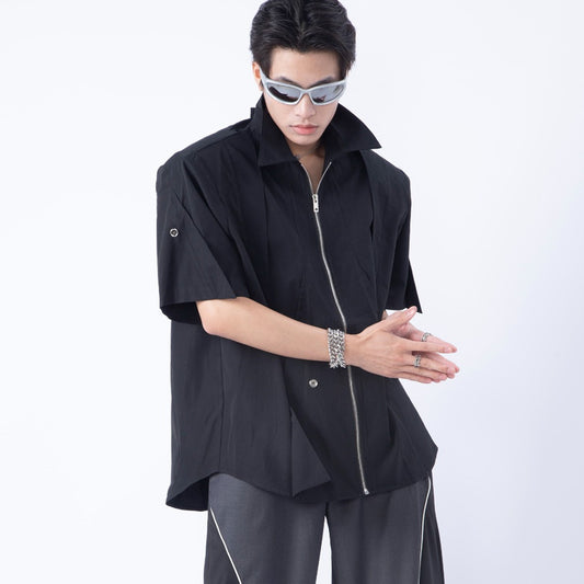 Men's Split Metal Zipper Deconstruction Padded Shoulder Shirt