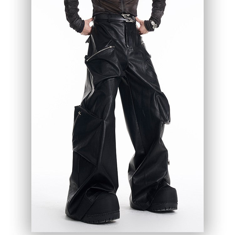 Multi-pocket Heavy Black Leather Pants