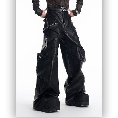 Multi-pocket Heavy Black Leather Pants