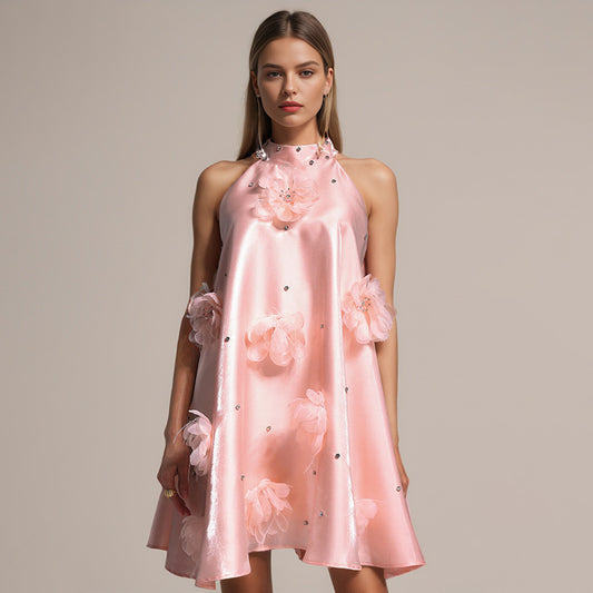 Women's Rhinestone Design Flower Stitching Mini Dress