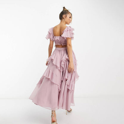 Arine Ruffled Short-sleeved Backless Square Neck Long Dress