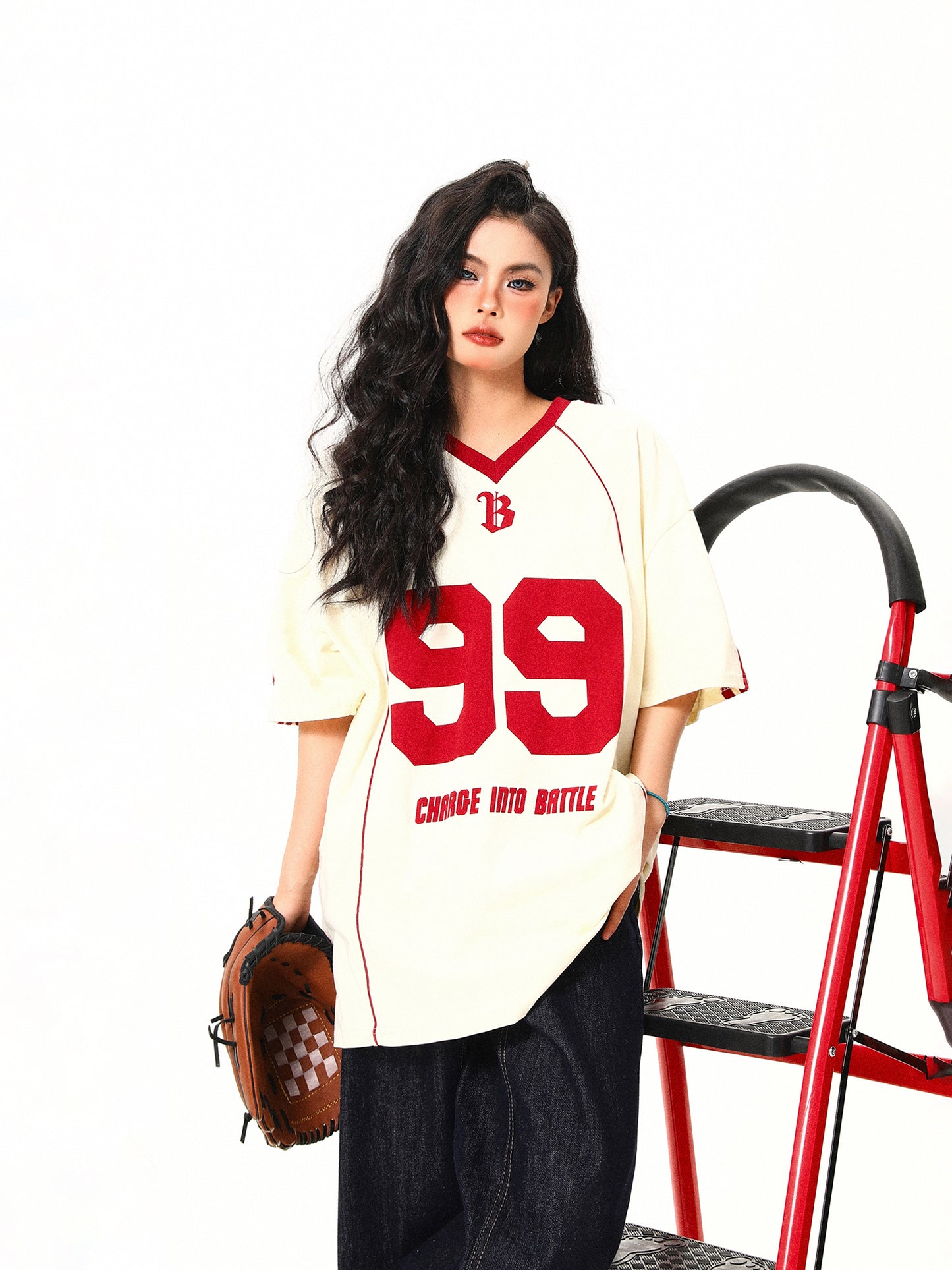 Retro V-neck Jersey Sports Short Sleeve T-shirt