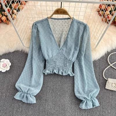 V-neck Cross Slim Fit Polka Dot Chiffon Shirt Western Style Waist-slimming Short