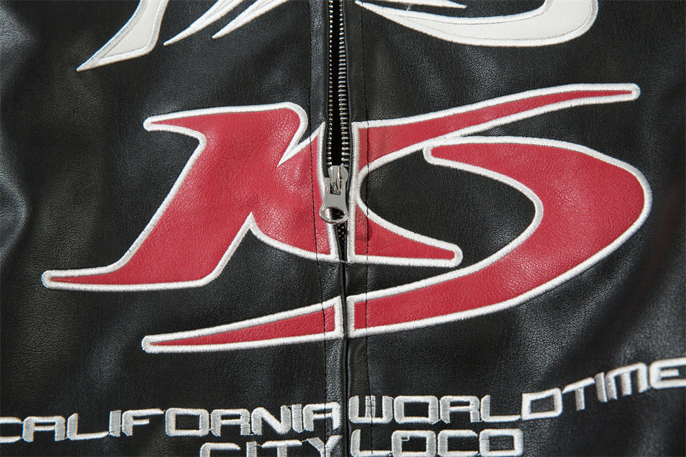 Men's Gothic Letter Affixed Embroidered Leather Jacket