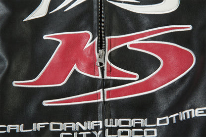 Men's Gothic Letter Affixed Embroidered Leather Jacket