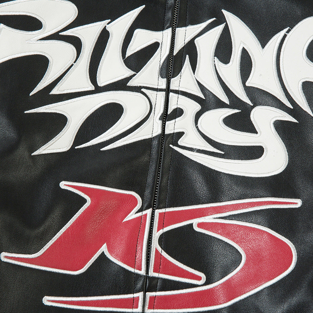 Men's Gothic Letter Affixed Embroidered Leather Jacket
