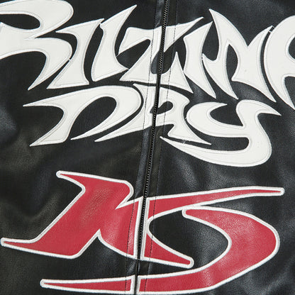 Men's Gothic Letter Affixed Embroidered Leather Jacket