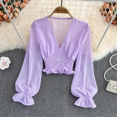 V-neck Cross Slim Fit Polka Dot Chiffon Shirt Western Style Waist-slimming Short