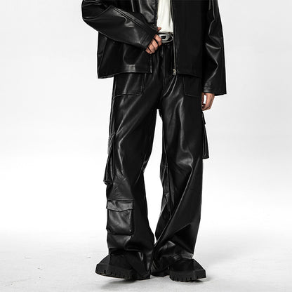 Men's Loose Straight Retro Street PU Leather Pants