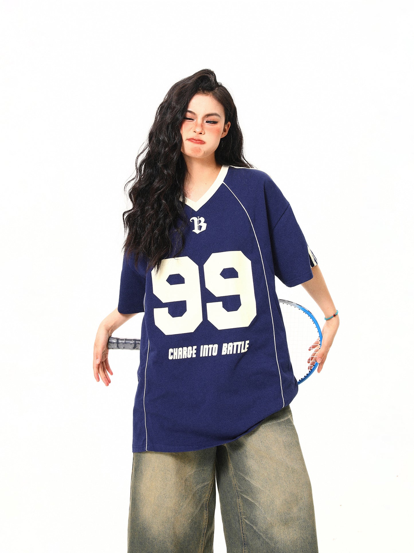 Retro V-neck Jersey Sports Short Sleeve T-shirt