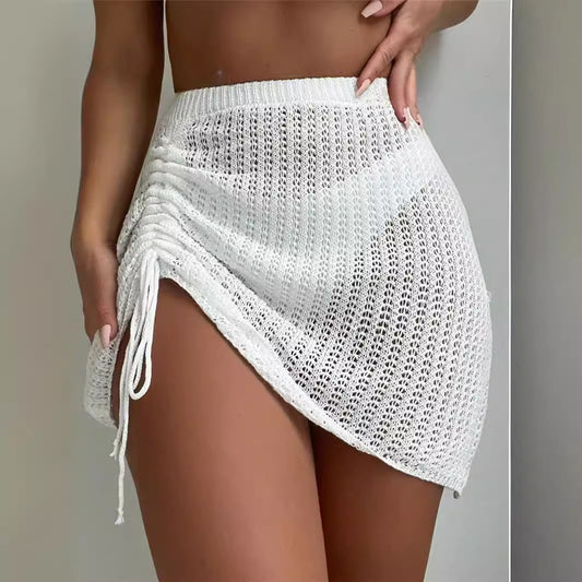Beach Knitted Hollow Drawstring Sexy See-through Skirt