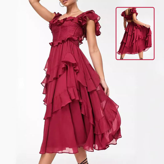 Arine Ruffled Short-sleeved Backless Square Neck Long Dress