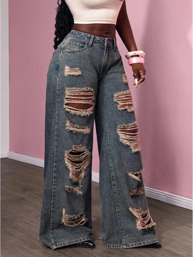 Women's Retro Distressed Wide-leg Jeans
