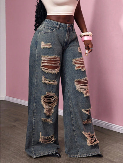 Women's Retro Distressed Wide-leg Jeans