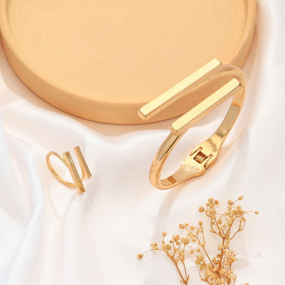 Metal Geometry Square Opening Adjustable Women's Bracelet Ring Jewelry Suit