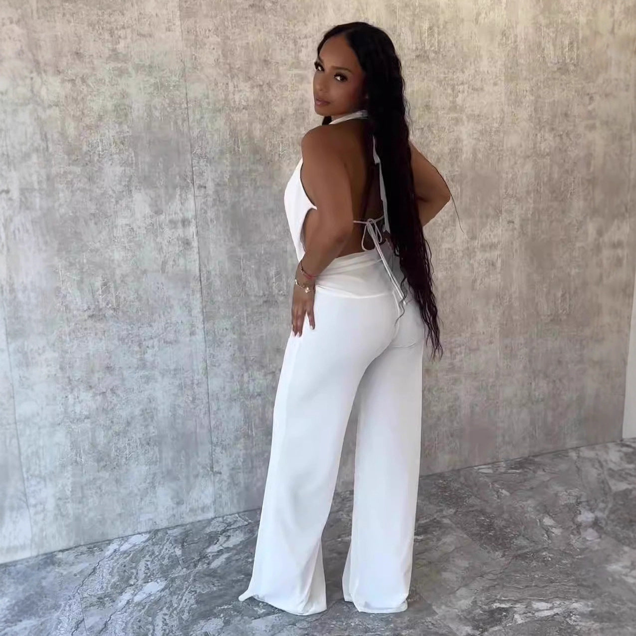 Women's Pure Color Halter Swing Collar Bare Back Rope Mesh Two-piece Set