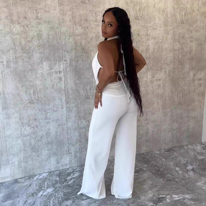 Women's Pure Color Halter Swing Collar Bare Back Rope Mesh Two-piece Set