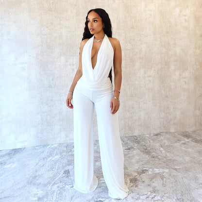 Women's Pure Color Halter Swing Collar Bare Back Rope Mesh Two-piece Set