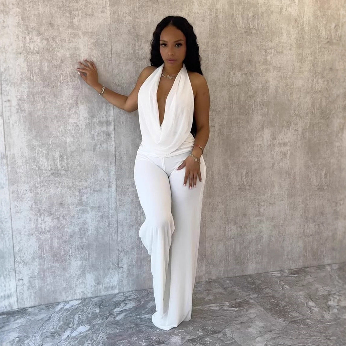 Women's Pure Color Halter Swing Collar Bare Back Rope Mesh Two-piece Set