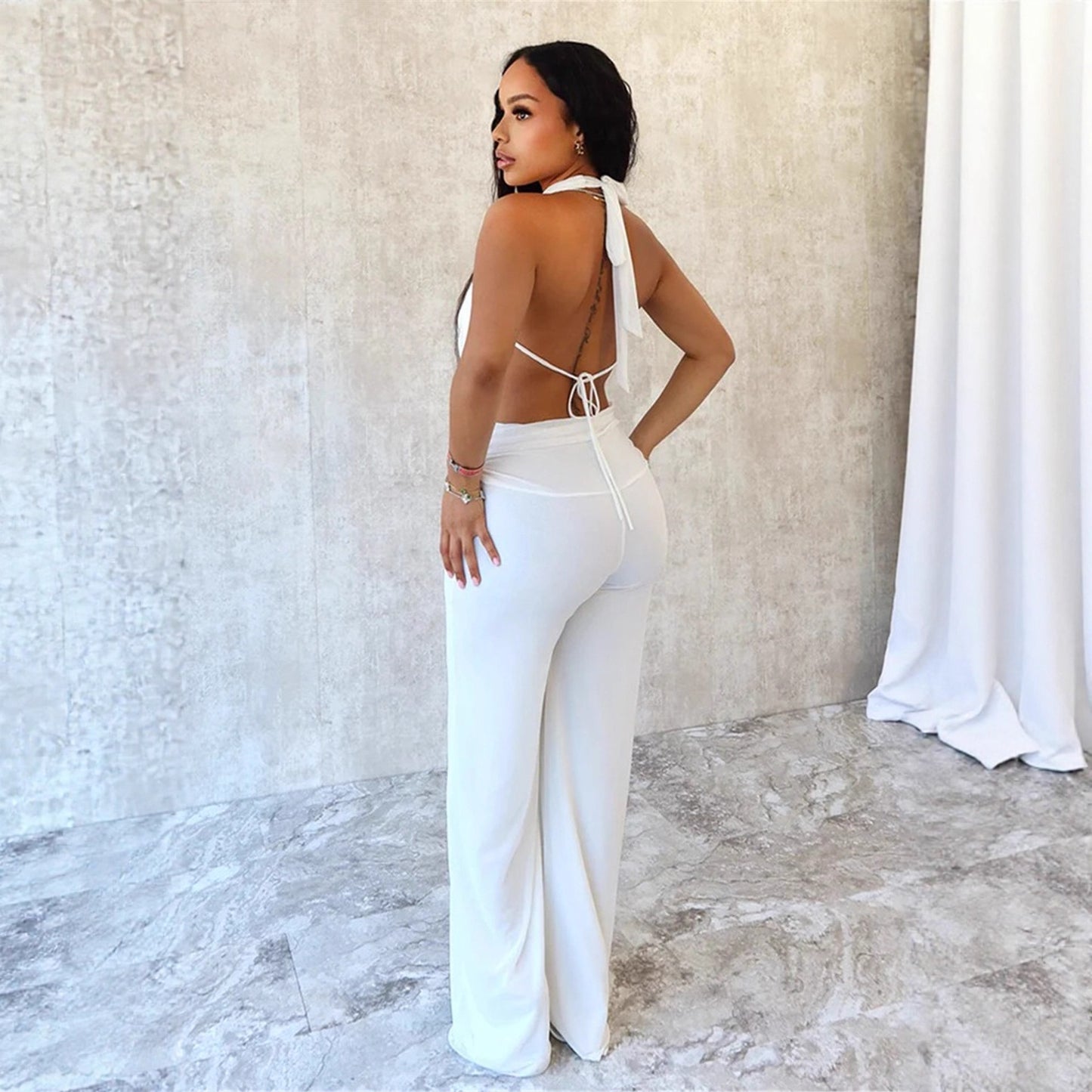 Women's Pure Color Halter Swing Collar Bare Back Rope Mesh Two-piece Set