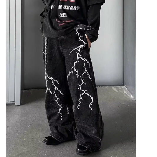 Men's Retro Lightning Embroidered Jeans