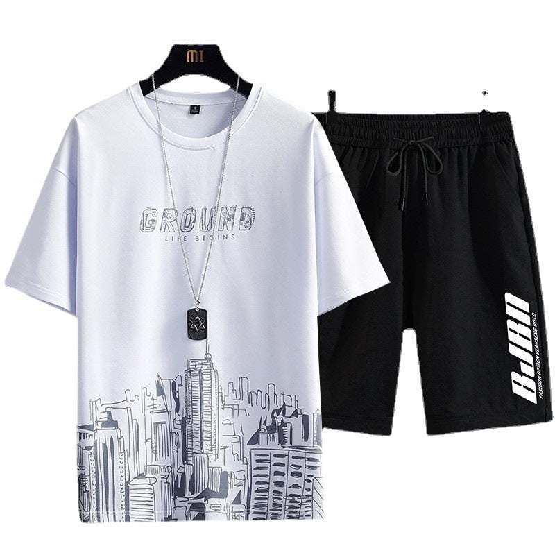 Men's Fashion Printed Short-sleeved T-shirt and Shorts Sports Two-piece Set