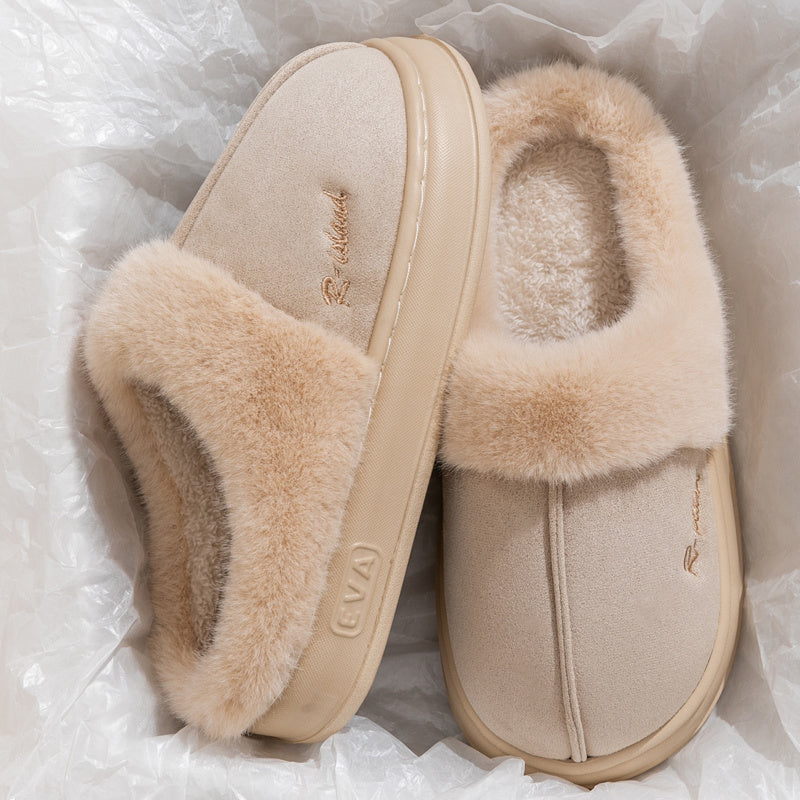 Winter Cosy Warm Couple Fluffy Slippers Women  Men Non-slip Soft Slides