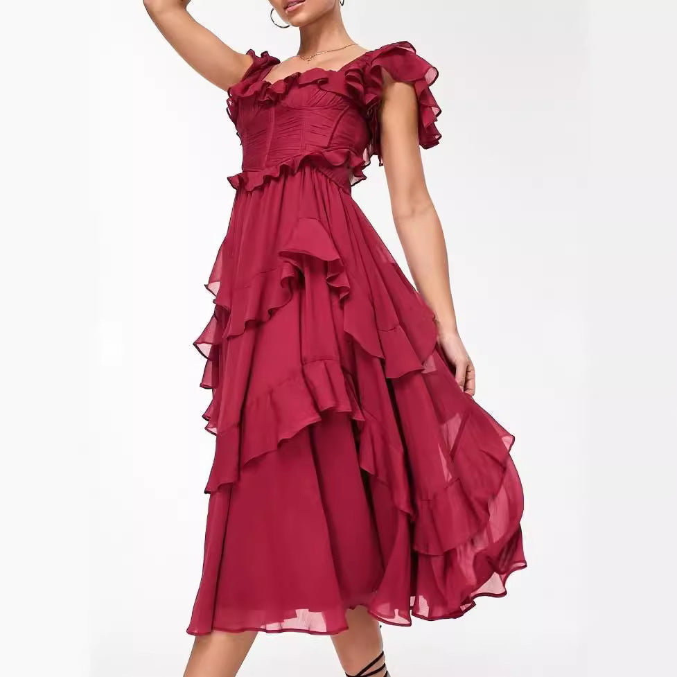 Arine Ruffled Short-sleeved Backless Square Neck Long Dress