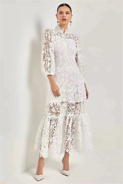 Women's Elegant Hollow Lace Long Dress
