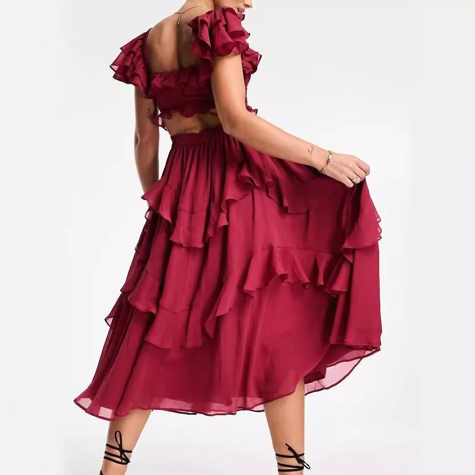Arine Ruffled Short-sleeved Backless Square Neck Long Dress