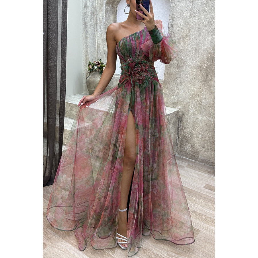Women's Mesh Tie-dye Printed Off-shoulder Slit Cloth