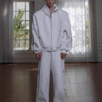 Deconstruction Drawstring Loose Hooded Sweater and High-grade Pant Suit