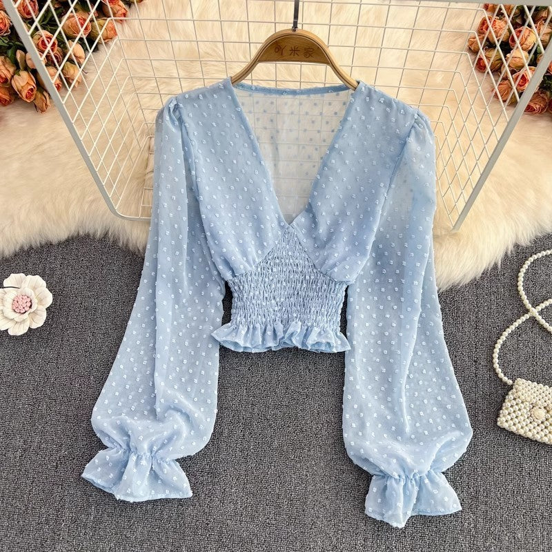 V-neck Cross Slim Fit Polka Dot Chiffon Shirt Western Style Waist-slimming Short