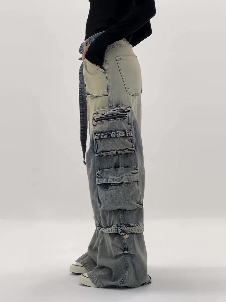 Women's High-Waisted Ombre Cargo Jeans With Multiple Pockets