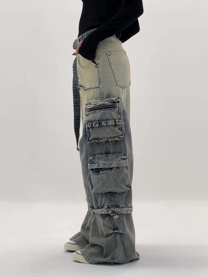 Women's High-Waisted Ombre Cargo Jeans With Multiple Pockets