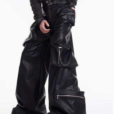 Multi-pocket Heavy Black Leather Pants