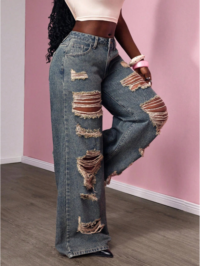 Women's Retro Distressed Wide-leg Jeans