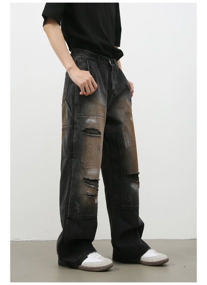 Retro Loose Hole Straight-leg Jeans Trousers