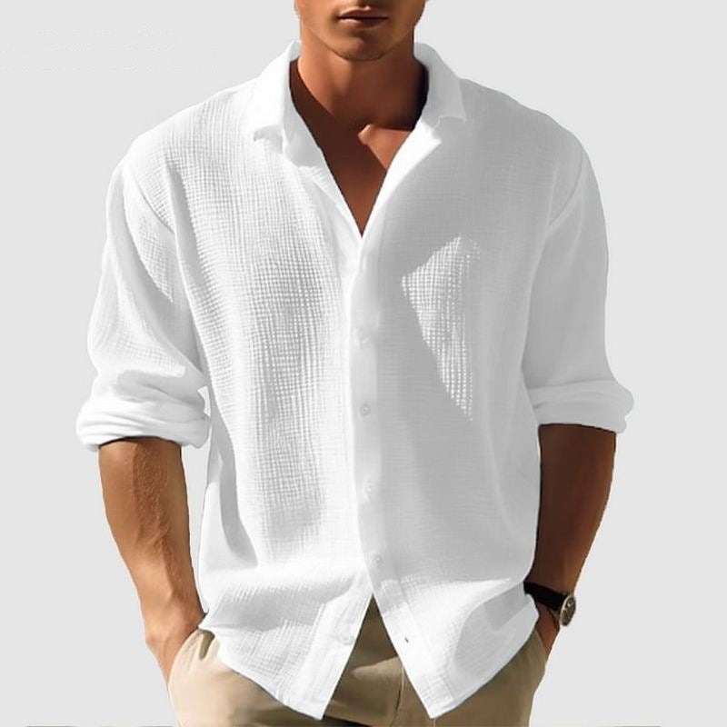 Men's Lapel Long Sleeve Shirt Solid Single Breasted Tops Fall Spring Clothing
