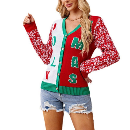 Women's Christmas Red Letter Jacquard V-neck Knitted Cardigan